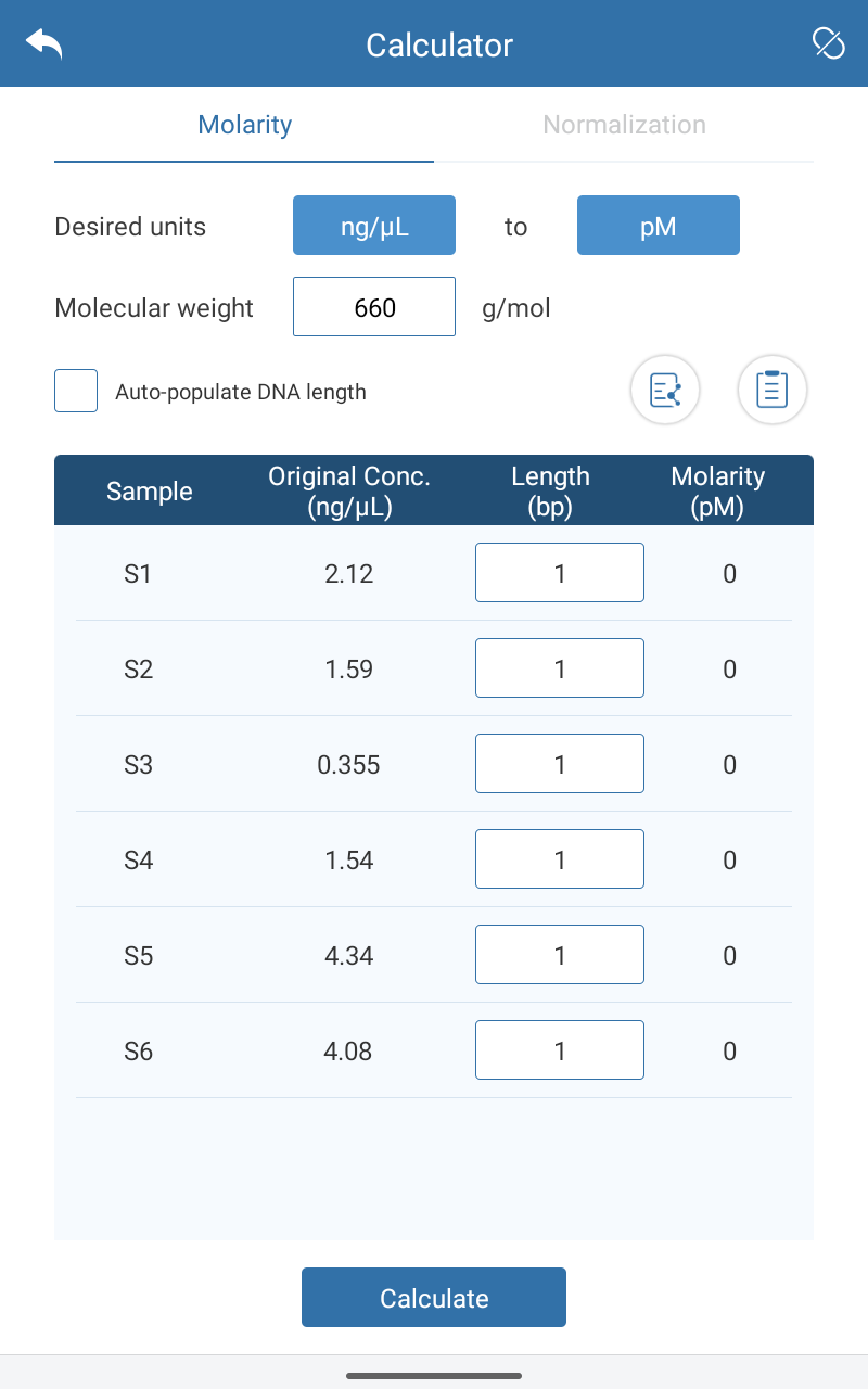 A screenshot of the Smart-Q(TM) app displaying the molarity calculator feature.