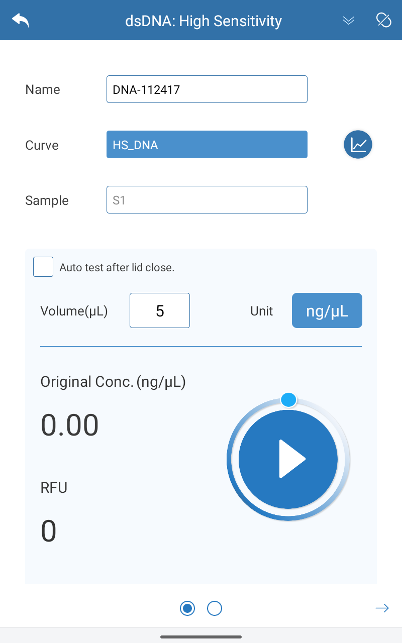 A screenshot  of the Smart-Q(TM) App displaying the parameter screen for starting an experiment.
