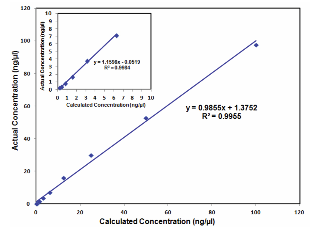 Actual vs Calculated concentration of the Accuris 1X BR dsDNA Quantification kit.