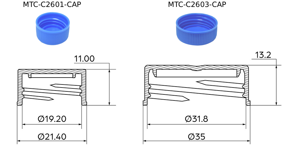 Size and dimension comparison of 50mL and 15mL threaded screw caps.