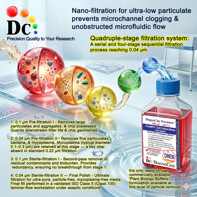 FluxMPS™ MCDB 151 Medium Quadruple-stage filtration system diagram ? two 0.1 micron pre-filtration stages followed by two 0.04 micron sterile-filtration stages, engineered for organ-on-a-chip (OoC), tissue-on-a-chip (ToC), and lab-on-a-chip microfluidic cell culture media applications by Diagnocine.