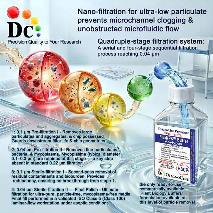 Diagram of the FluxMPS quadruple-stage filtration system showing four sequential stages: 0.1 μm pre-filtration, 0.04 μm fine filtration, 0.1 μm sterile filtration, and 0.04 μm final polish, engineered for microfluidic organ-on-a-chip cell culture media by Diagnocine