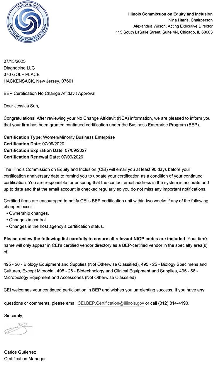 Illinois BEP Certification DiagnoCine