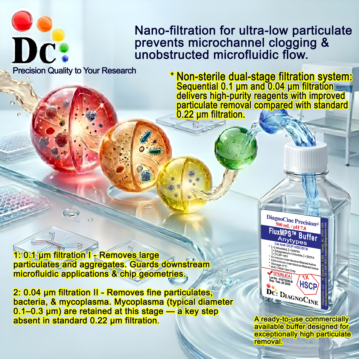 FluxMPS DCP-PBST20X PBS with Tween 20 buffer dual-stage 0.1 micron and 0.04 micron filtration diagram for organ-on-a-chip and microfluidic wash applications, Diagnocine