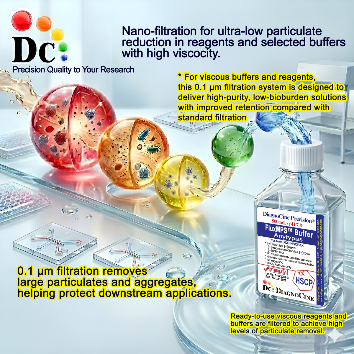 Diagram of the FluxMPS single-stage 0.1 micron filtration system used to manufacture AGPC RNA Lysis Buffer DCP-AGPC1X for RNA isolation, microfluidic sample prep, and organ-on-a-chip workflows by Diagnocine