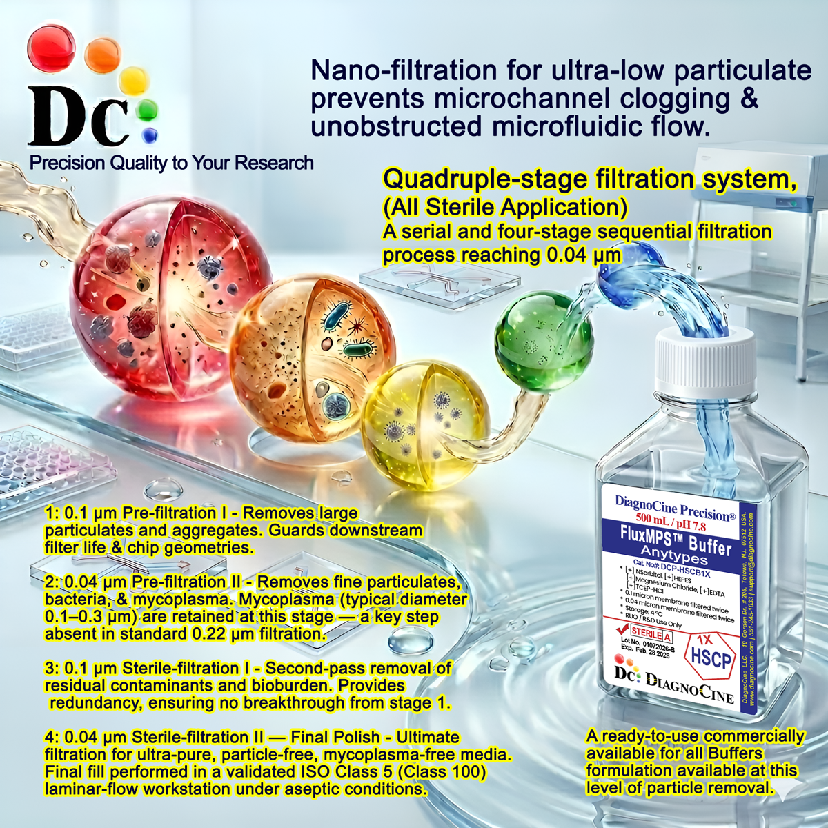 FluxMPS™ PBS, 10X (Phosphate Buffered Saline) DCP-PBS10X quadruple-stage 0.1 μm membrane filtered twice and 0.04 μm membrane filtered twice architecture for organ-on-a-chip (OoC) and microfluidic buffer applications | Diagnocine