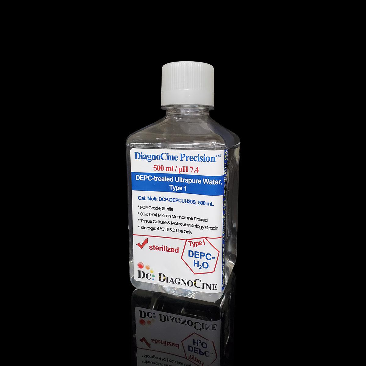DEPC treated Ultrapure Water Type 1, 500 mL sterile bottle, Cat. No DCP-DEPCUH20S, endotoxin-free DNase RNase-free mycoplasma-free water for PCR RT-PCR and qPCR, Diagnocine