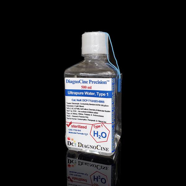 Ultrapure Water Type 1, 500 mL bottle, Cat. No DCP-T1UH2O-500S, ASTM Type I ultrapure nuclease-free laboratory reagent water, Diagnocine
